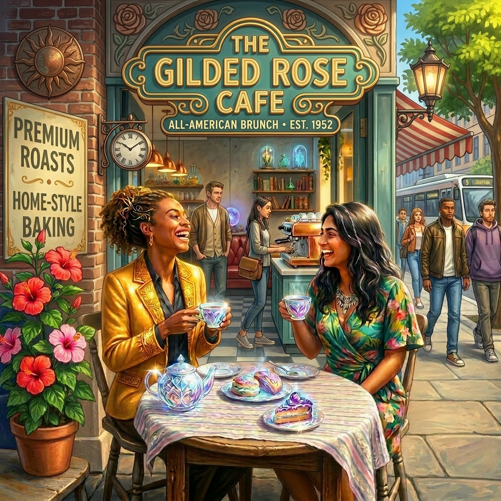 Two women laughing and drinking tea at a café table with cakes and flowers
